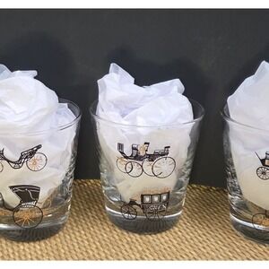 Libbey Rocks Glasses Set of 4 Black Gold Carriage Stagecoach MCM Barware 3.25"